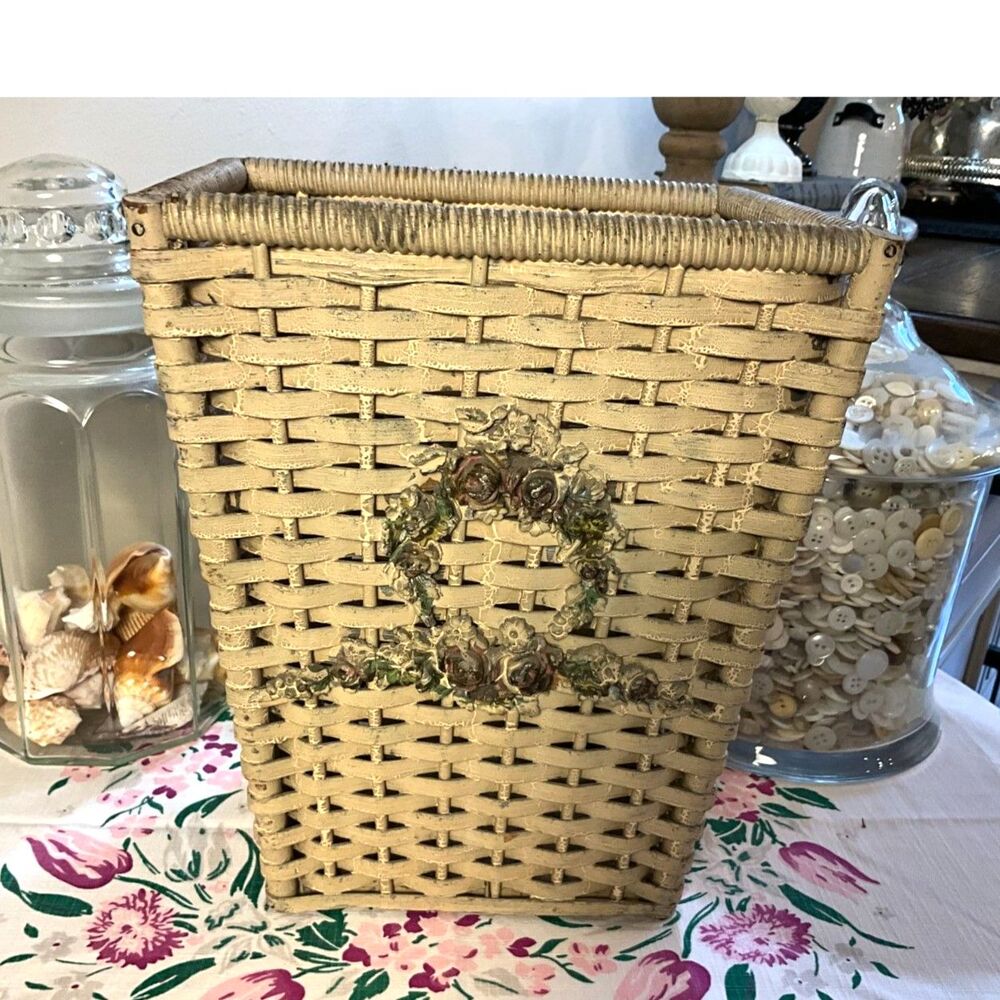 Absolute best Antique Shabby Chic Barbola Wicker Basket Stunning hard to find